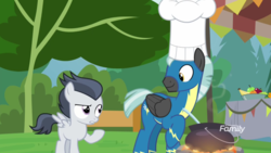 Size: 1920x1080 | Tagged: safe, screencap, rumble, thunderlane, pegasus, pony, g4, marks and recreation, chef's hat, clothes, colt, cooking, discovery family logo, hat, male, raised eyebrow, stallion, uniform, wonderbolts uniform