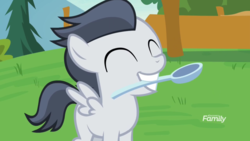 Size: 1920x1080 | Tagged: safe, screencap, rumble, pegasus, pony, g4, marks and recreation, colt, cute, discovery family logo, eyes closed, grin, male, mouth hold, rumblebetes, smiling, spoon