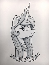 Size: 3024x4032 | Tagged: safe, artist:citizensmiley, princess celestia, pony, g4, bust, crown, female, jewelry, looking at you, looking sideways, monochrome, peytral, portrait, profile, regalia, solo, traditional art