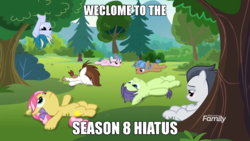 Size: 960x540 | Tagged: safe, edit, screencap, kettle corn, pipsqueak, rumble, skeedaddle, pegasus, pony, g4, marks and recreation, season 8, bored, colt, discovery family logo, forest, hiatus, hype, image macro, male, meme, sad, song in the comments, tree