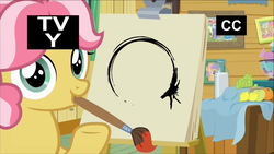 Size: 1320x742 | Tagged: safe, edit, edited screencap, screencap, kettle corn, earth pony, pony, g4, marks and recreation, arrival (movie), circle painting, female, filly, foal, heptapod b, kettle draws, meme, mouth hold, paintbrush, solo