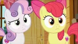 Size: 1320x742 | Tagged: safe, screencap, apple bloom, sweetie belle, earth pony, pony, unicorn, g4, marks and recreation, discovery family logo, duo, female, filly, foal