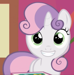 Size: 637x654 | Tagged: safe, screencap, sweetie belle, pony, unicorn, g4, marks and recreation, cropped, cute, diasweetes, female, filly, grin, looking at you, smiling, solo