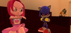 Size: 1280x600 | Tagged: safe, artist:kaiwalkerhere, pinkie pie, equestria girls, g4, 3d, angry, crossed arms, crossover, male, metal sonic, pinkamena diane pie, sonic the hedgehog, sonic the hedgehog (series), source filmmaker