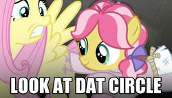 Size: 620x355 | Tagged: safe, edit, edited screencap, screencap, fluttershy, kettle corn, sugar belle, g4, marks and recreation, the cutie map, face swap, image macro, meme, yellow skin