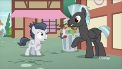 Size: 1320x742 | Tagged: safe, screencap, rumble, thunderlane, pegasus, pony, g4, marks and recreation, brothers, colt, discovery family logo, male, siblings, stallion, trash can