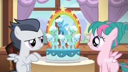 Size: 1920x1080 | Tagged: safe, screencap, rumble, tulip swirl, pegasus, pony, g4, marks and recreation, cake, colt, discovery family logo, food, male