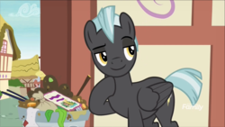 Size: 1320x742 | Tagged: safe, screencap, thunderlane, pegasus, pony, g4, marks and recreation, discovery family logo, male, solo, stallion, trash can