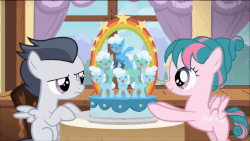 Size: 640x360 | Tagged: safe, screencap, rumble, tulip swirl, earth pony, pegasus, pony, g4, marks and recreation, animated, cake, colt, discovery family logo, female, filly, food, gif, into the trash it goes, male, pure unfiltered evil