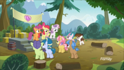 Size: 1320x742 | Tagged: safe, screencap, apple bloom, kettle corn, mocha berry, pipsqueak, scootaloo, skeedaddle, sweetie belle, tulip swirl, earth pony, pony, g4, marks and recreation, colt, cutie mark crusaders, discovery family logo, male