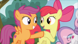 Size: 1320x742 | Tagged: safe, screencap, apple bloom, scootaloo, sweetie belle, earth pony, pony, g4, marks and recreation, cutie mark crusaders, discovery family logo, happy, hoofbump