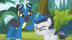 Size: 1320x742 | Tagged: safe, screencap, rumble, thunderlane, pegasus, pony, g4, marks and recreation, brothers, clothes, colt, discovery family logo, male, noogie, uniform, wonderbolts uniform