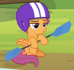 Size: 739x695 | Tagged: safe, screencap, scootaloo, pegasus, pony, g4, marks and recreation, cropped, female, filly, foal, helmet, hoof hold, lidded eyes, paddle, sitting, solo, spread wings, the cmc's cutie marks, wings