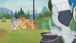 Size: 1280x720 | Tagged: safe, screencap, apple bloom, rumble, scootaloo, sweetie belle, pegasus, pony, g4, marks and recreation, chef, chef's hat, colt, cutie mark crusaders, hat, male, mud