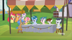 Size: 1320x742 | Tagged: safe, screencap, apple bloom, kettle corn, mocha berry, pipsqueak, rumble, scootaloo, skeedaddle, sweetie belle, tulip swirl, pegasus, pony, g4, marks and recreation, colt, cutie mark crusaders, discovery family logo, male
