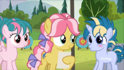 Size: 1320x742 | Tagged: safe, screencap, kettle corn, skeedaddle, tulip swirl, earth pony, pegasus, pony, unicorn, g4, marks and recreation, blushing, colt, discovery family logo, female, filly, foal, male, shipping fuel, trio
