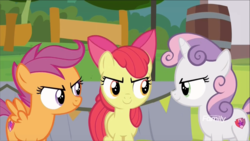 Size: 1320x742 | Tagged: safe, screencap, apple bloom, scootaloo, sweetie belle, earth pony, pegasus, pony, unicorn, g4, marks and recreation, angry eyes, apple bloom's bow, bow, cutie mark crusaders, discovery family logo, eyebrows, female, filly, foal, hair bow, smiling, the cmc's cutie marks, trio