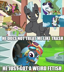 Size: 500x560 | Tagged: safe, edit, edited screencap, screencap, bon bon, cherry berry, rainbow dash, rarity, sweetie drops, thunderlane, pegasus, pony, g4, marks and recreation, newbie dash, party of one, putting your hoof down, wonderbolts academy, clothes, female, image macro, male, mare, meme, stallion, trash, trash can, uniform, wonderbolts uniform