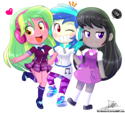 Size: 1460x1320 | Tagged: safe, artist:the-butch-x, dj pon-3, lemon zest, octavia melody, vinyl scratch, equestria girls, g4, blushing, chibi, clothes, commission, crystal prep academy uniform, cute, female, frown, grumpy, headphones, kneesocks, leggings, looking at you, musical trio, octavia is not amused, one eye closed, open mouth, school uniform, shoes, simple background, skirt, sneakers, socks, sticker, tavibetes, transparent background, trio, unamused, vinylbetes, wink, wrong eye color, zestabetes