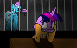 Size: 866x538 | Tagged: safe, artist:ggchristian, trixie, twilight sparkle, pony, unicorn, g4, angry, clothes, key, magic, prison, prison outfit, prisoner ts