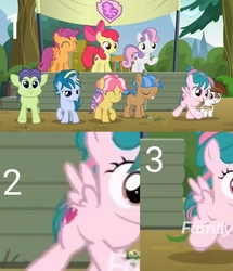 Size: 1366x1592 | Tagged: safe, screencap, apple bloom, kettle corn, mocha berry, pipsqueak, scootaloo, skeedaddle, sweetie belle, tulip swirl, earth pony, pegasus, pony, unicorn, g4, marks and recreation, animation error, blank flank, colt, cutie mark, cutie mark crusaders, discovery family logo, female, filly, male