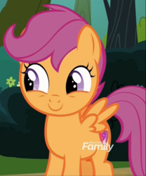 Size: 575x690 | Tagged: safe, screencap, scootaloo, pegasus, pony, g4, marks and recreation, cute, cutealoo, discovery family logo, female, filly, smiling, solo focus, spread wings, wings