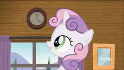 Size: 1320x742 | Tagged: safe, screencap, sweetie belle, pony, g4, marks and recreation, clock, discovery family logo