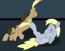 Size: 1371x1081 | Tagged: safe, artist:pandalove93, derpy hooves, doctor whooves, time turner, earth pony, pegasus, pony, g4, eyes closed, feather, female, fetish, hoof fetish, hoof tickling, laughing, male, mare, offscreen character, ship:doctorderpy, shipping, stallion, straight, tickling, underhoof