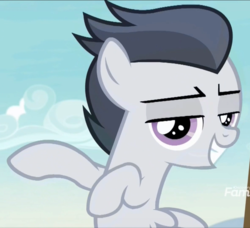 Size: 812x740 | Tagged: safe, screencap, rumble, pegasus, pony, g4, marks and recreation, colt, cropped, discovery family logo, grin, male, smiling, smug, solo