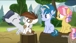 Size: 1320x742 | Tagged: safe, screencap, kettle corn, pipsqueak, rumble, skeedaddle, pegasus, pony, g4, marks and recreation, colt, discovery family logo, male