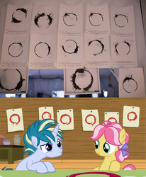 Size: 759x919 | Tagged: safe, screencap, kettle corn, skeedaddle, earth pony, pony, unicorn, g4, marks and recreation, arrival (movie), circle, circle painting, colt, female, filly, foal, heptapod b, male