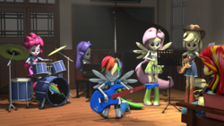 Size: 4096x2304 | Tagged: safe, artist:oc1024, applejack, fluttershy, pinkie pie, rainbow dash, rarity, sunset shimmer, equestria girls, g4, 3d, bass guitar, clothes, drums, eyes closed, guitar, musical instrument, ponied up, source filmmaker, tambourine, the rainbooms, updated