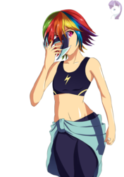 Size: 1024x1453 | Tagged: dead source, safe, artist:achaoticdotstar, rainbow dash, human, pony, g4, breasts, clothes, delicious flat chest, female, humanized, mare, pants, rainbow flat, simple background, solo, sports bra, yoga pants