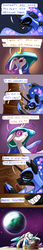 Size: 1200x7000 | Tagged: safe, artist:underpable, nightmare moon, princess celestia, alicorn, pony, g4, bad end, banana, blush sticker, blushing, cake, cakelestia, comic, dialogue, do you like bananas?, drool, earth, female, floppy ears, food, funny end, good end, grin, helmet, mare, moon, smiling, suggestive eating, sweat