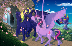 Size: 2424x1554 | Tagged: safe, artist:kittehkatbar, twilight sparkle, oc, oc:zephyr, alicorn, pony, g4, canon x oc, duo, female, flower petals, kissing, male, mare, stallion, straight, twilight sparkle (alicorn), twilight's castle, twiphyr