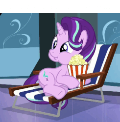 Size: 725x739 | Tagged: safe, edit, edited screencap, screencap, starlight glimmer, g4, the crystalling, animated, discord (program), eating, female, food, gif, popcorn, simple background, white background, white text