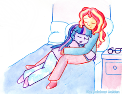 Size: 2213x1696 | Tagged: safe, artist:therainbowmaiden, sci-twi, sunset shimmer, twilight sparkle, equestria girls, g4, bed, clothes, cuddling, eyes closed, female, glasses, hug, lesbian, pajamas, ship:sci-twishimmer, ship:sunsetsparkle, shipping, sleeping