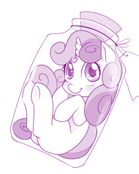 Size: 800x994 | Tagged: safe, artist:dstears, sweetie belle, pony, unicorn, g4, cute, diasweetes, female, filly, jar, jar of pony, looking at you, monochrome, pony in a bottle, purple, simple background, solo, white background