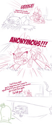 Size: 625x1497 | Tagged: safe, artist:raridashdoodles, grubber, tempest shadow, oc, oc:anon, comic:anon the movie, comic:anon the movie 2017, g4, my little pony: the movie, /mlp/, 4chan, airship, angry, broken horn, comic, death threat, horn, megaphone, simple background, white background