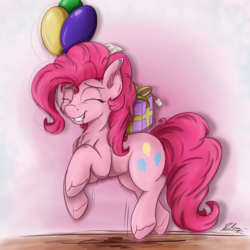 Size: 3024x3024 | Tagged: safe, artist:check3256, pinkie pie, earth pony, pony, g4, balloon, eyes closed, female, high res, mare, present, smiling, solo
