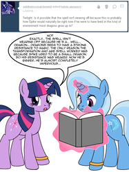 Size: 599x800 | Tagged: safe, artist:dekomaru, trixie, twilight sparkle, tumblr:ask twixie, g4, ask, book, dialogue, female, lesbian, ship:twixie, shipping, tumblr