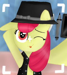 Size: 594x663 | Tagged: safe, artist:dsfranch, apple bloom, earth pony, pony, g4, beat it, camera shot, clothes, female, filly, foal, hat, one eye closed, selfie, solo, sparkles, vest, wink