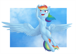 Size: 1694x1200 | Tagged: safe, artist:gracewolf, rainbow dash, pegasus, pony, g4, belly, female, flying, raised hoof, solo, spread wings, wings