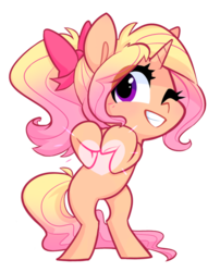 Size: 600x744 | Tagged: safe, artist:meekcheep, oc, oc only, oc:starstruck, pony, unicorn, blonde mane, bow, grin, hair bow, heart, heart hands, one eye closed, purple eyes, rearing, simple background, smiling, solo, tan coat, transparent background, wink