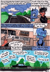 Size: 1394x1983 | Tagged: safe, artist:newyorkx3, princess luna, oc, oc:tommy, comic:young days, g4, cadillac, car, comic, dialogue, music notes, s1 luna, traditional art