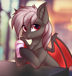 Size: 1693x1783 | Tagged: source needed, safe, artist:gicme, oc, oc only, oc:dusty fang, bat pony, pony, bat pony oc, bat wings, chest fluff, cute, drink, eye clipping through hair, eyebrows, eyebrows visible through hair, looking at you, milkshake, smiling, smiling at you, straw, wings, ych result