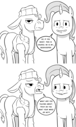 Size: 1800x3000 | Tagged: safe, artist:raph13th, trixie, oc, oc:churro, donkey, pony, unicorn, comic:glim glam and pals, g4, 2 panel comic, comic, dialogue, drugs, grayscale, grin, lidded eyes, lies, looking at you, monochrome, simple background, smiling, sweat, white background