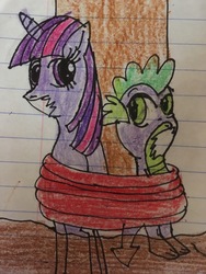 Size: 3024x4032 | Tagged: safe, artist:wumowumo, spike, twilight sparkle, dragon, g4, art trade, bondage, bound and gagged, bound together, gag, lined paper, mud, tape gag, tied up, traditional art