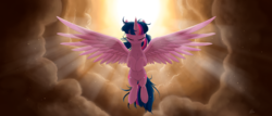 Size: 3000x1285 | Tagged: safe, artist:j24262756, twilight sparkle, alicorn, pony, g4, my little pony: the movie, backlighting, eyes closed, female, majestic, mare, solo, spread wings, twilight sparkle (alicorn), wings