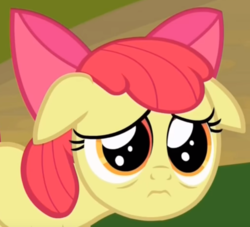 Size: 629x571 | Tagged: safe, screencap, apple bloom, earth pony, pony, g4, marks and recreation, bow, cropped, female, filly, floppy ears, hair bow, puppy dog eyes, sad, solo